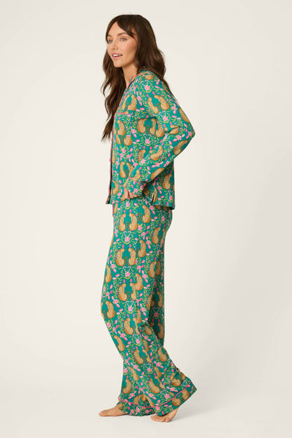 Cheetah Bonita Dreams Cheetah Print Long Sleeve PJ Set - TEAL BLUE