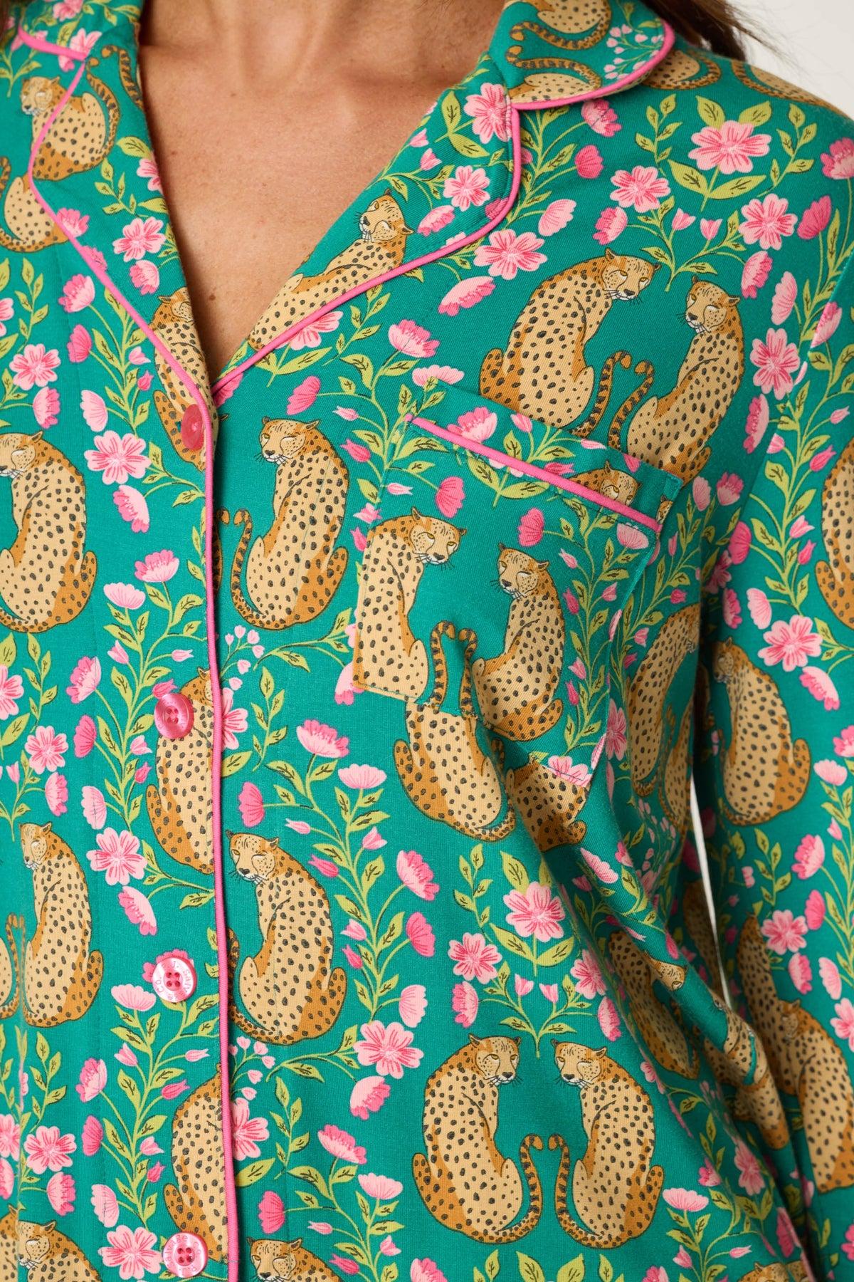 Cheetah Bonita Dreams Cheetah Print Long Sleeve PJ Set - TEAL BLUE