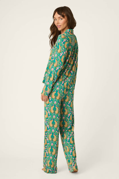 Cheetah Bonita Dreams Cheetah Print Long Sleeve PJ Set - TEAL BLUE