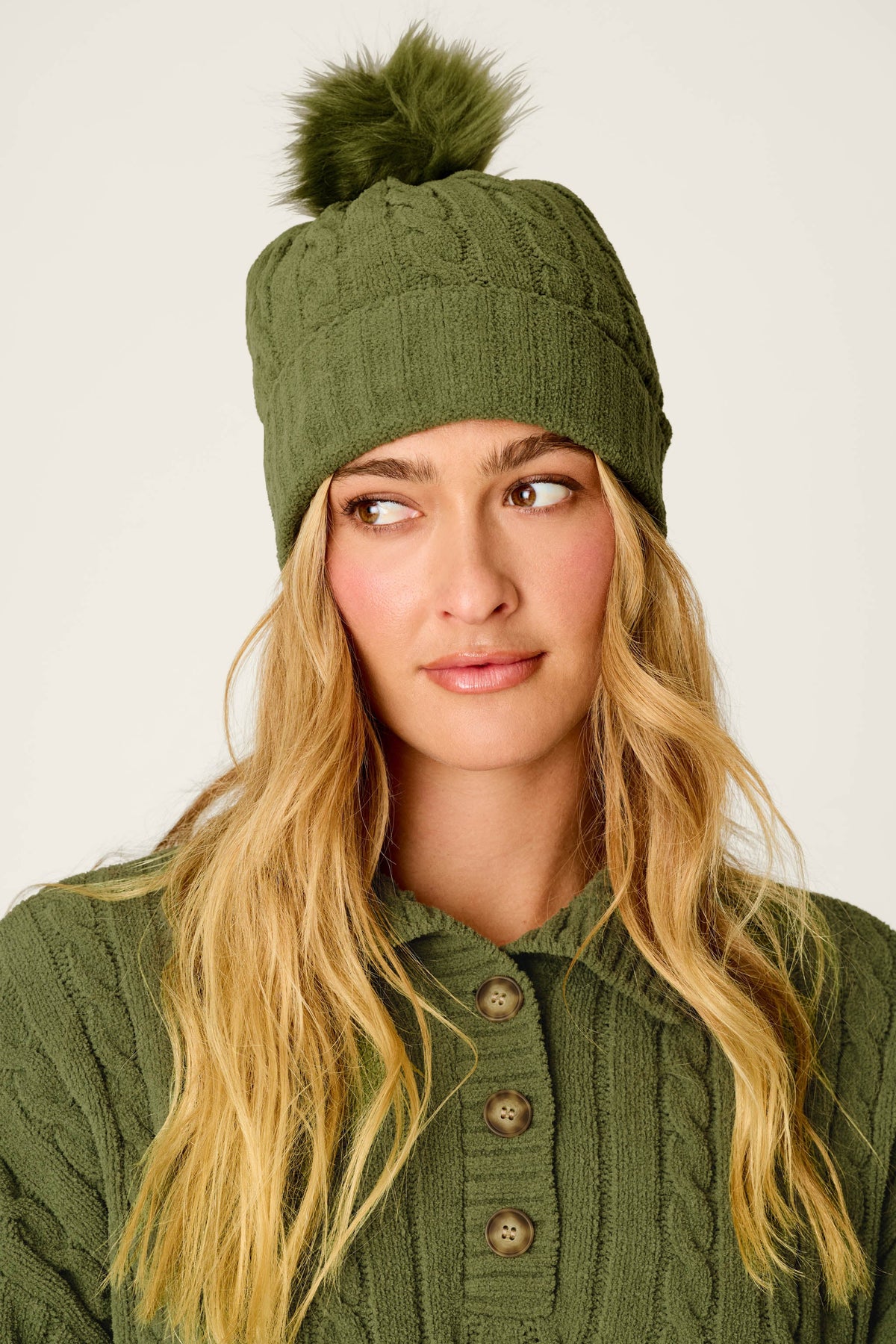 Cozy Chenille Cable Knit Olivine Beanie with Pompom - OLIVINE