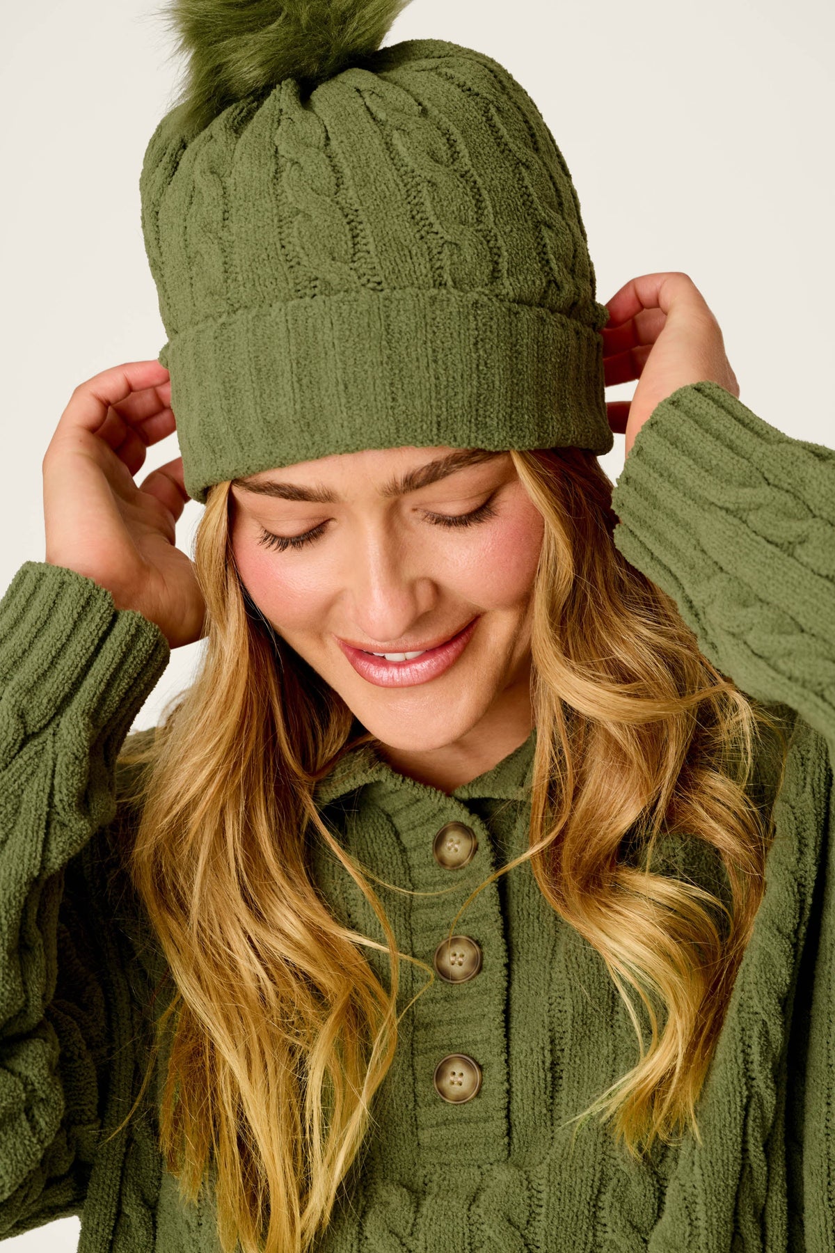 Cozy Chenille Cable Knit Olivine Beanie with Pompom - OLIVINE
