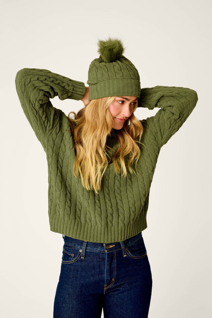 Cozy Chenille Cable Knit Olivine Beanie with Pompom - OLIVINE