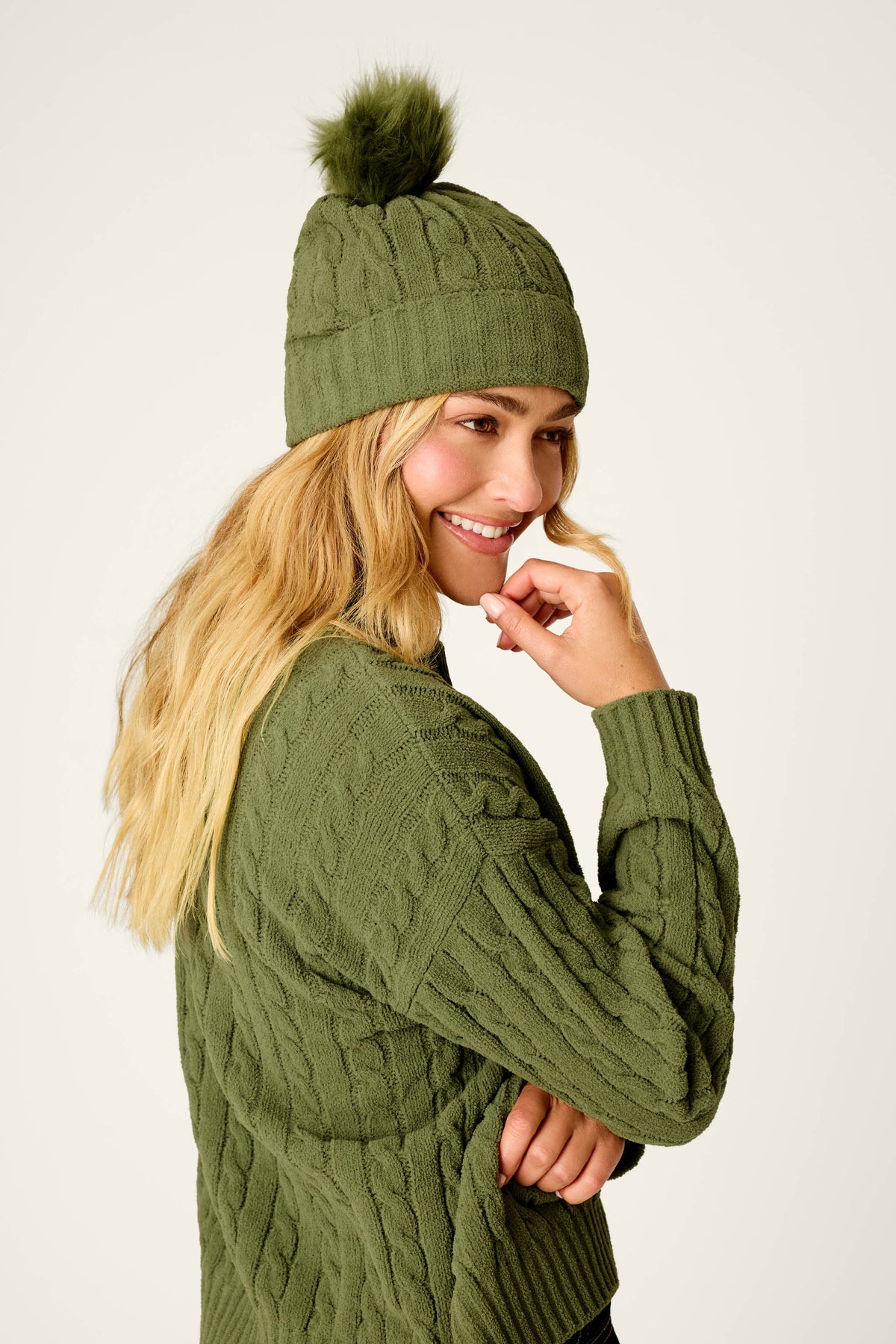 Cozy Chenille Cable Knit Olivine Beanie with Pompom - OLIVINE