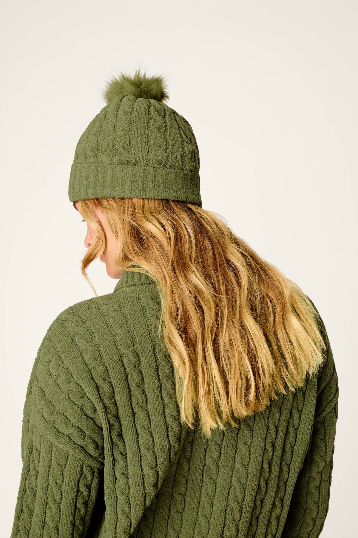Cozy Chenille Cable Knit Olivine Beanie with Pompom - OLIVINE
