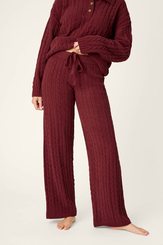 Cozy Chenille Cable Knit Dark Wine Lounge Pants - DARK WINE