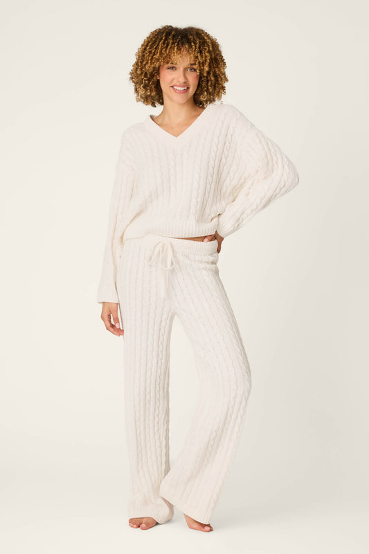 Cozy Chenille Cable Knit Ivory V-Neck Lounge Set - IVORY