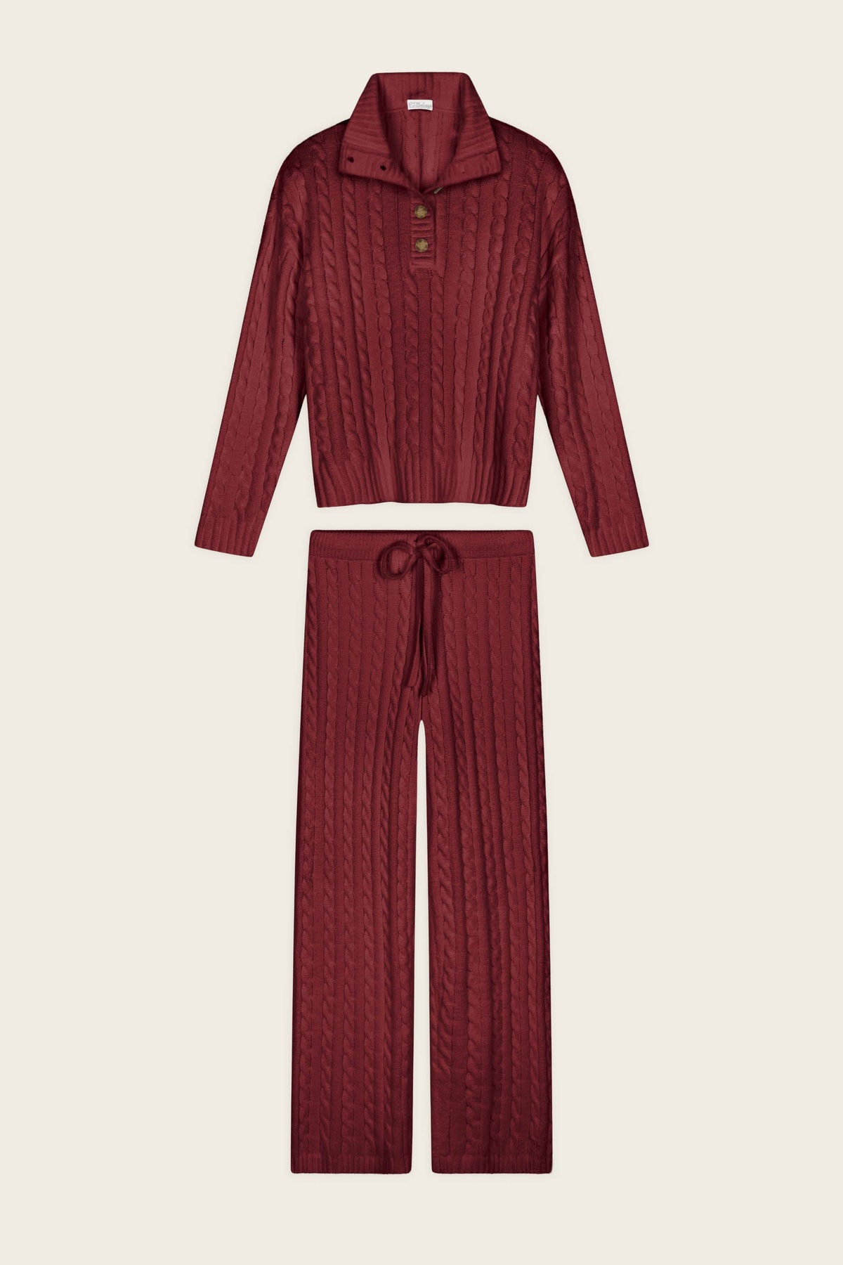 Cozy Chenille Cable Knit Dark Wine Pullover Lounge Set - DARK WINE