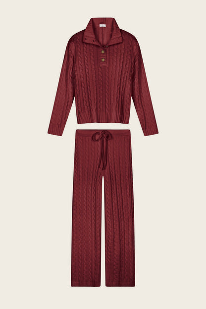 Cozy Chenille Cable Knit Dark Wine Pullover Lounge Set - DARK WINE