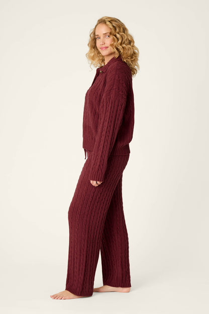 Cozy Chenille Cable Knit Dark Wine Pullover Lounge Set - DARK WINE