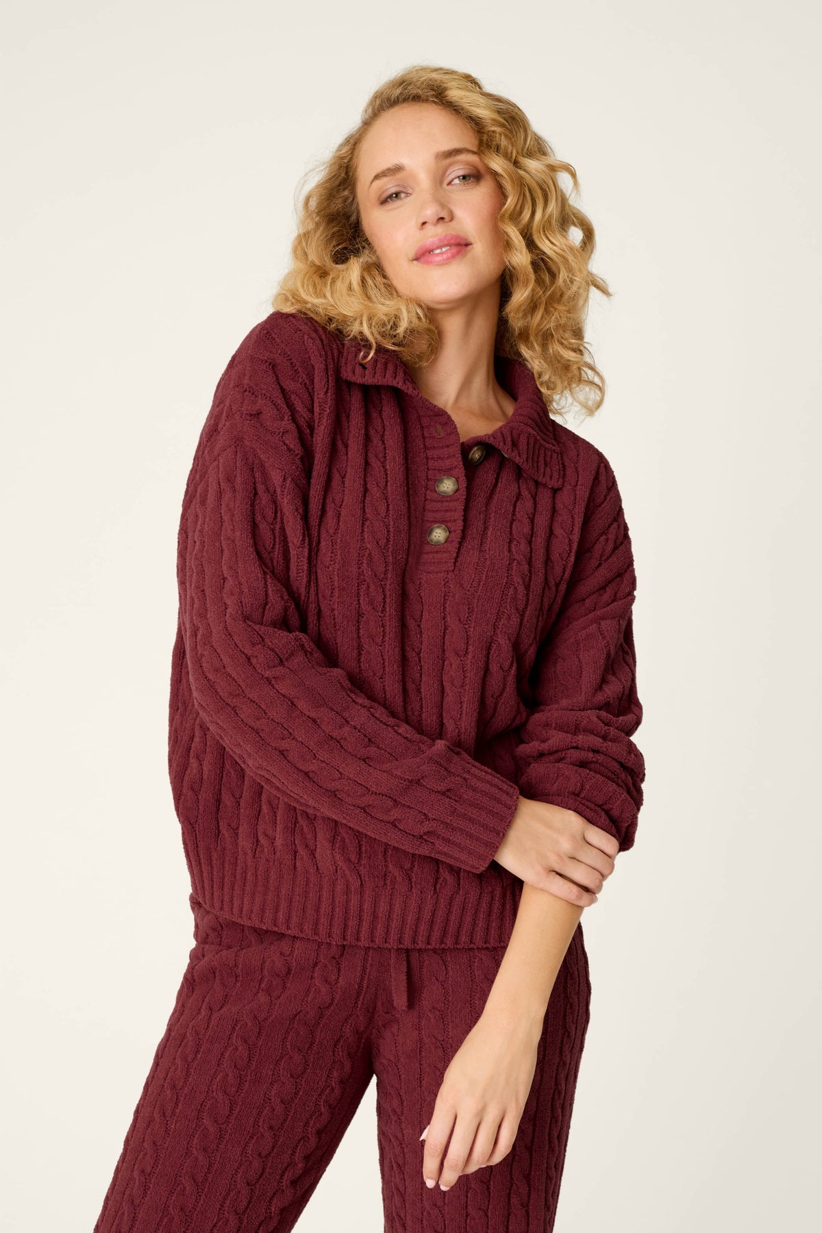 Cozy Chenille Cable Knit Dark Wine Pullover Lounge Set - DARK WINE