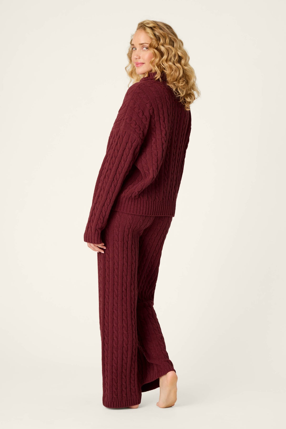 Cozy Chenille Cable Knit Dark Wine Pullover Lounge Set - DARK WINE