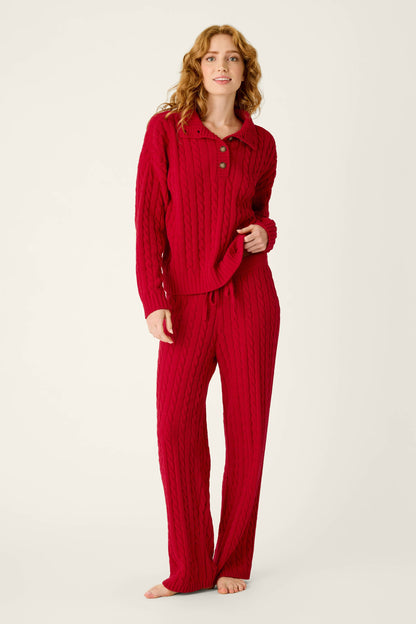 Cozy Chenille Cable Knit Red Lounge Set - JESTER RED