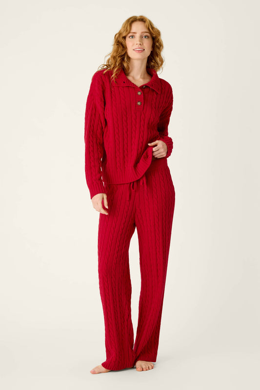 Cozy Chenille Cable Knit Red Lounge Set - JESTER RED