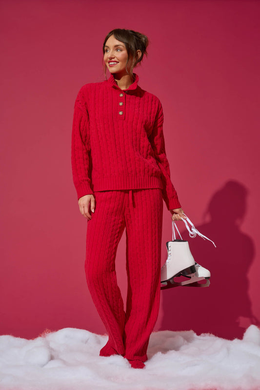 Cozy Chenille Cable Knit Red Lounge Set - JESTER RED