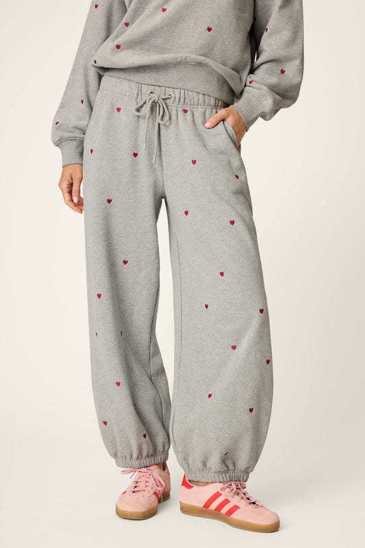 C'est La Vie Embroidered Hearts Good Hang Joggers - HEATHER GREY