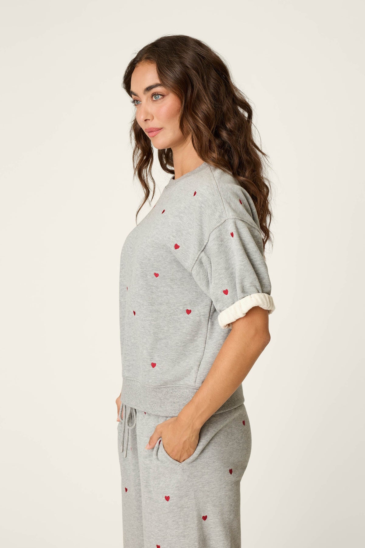C'est La Vie Embroidered Hearts Roll Back Short Sleeve Sweatshirt - HEATHER GREY