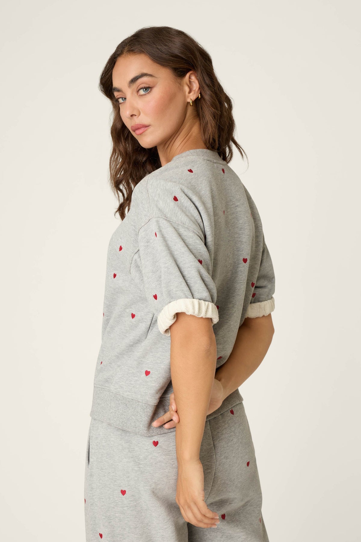 C'est La Vie Embroidered Hearts Roll Back Short Sleeve Sweatshirt - HEATHER GREY