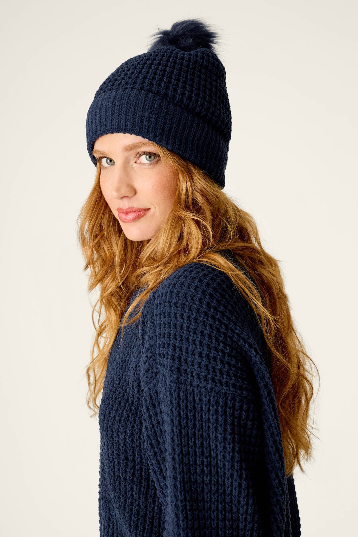 Cozy Chenille Waffle Deep Navy Pompom Beanie - DEEP NAVY
