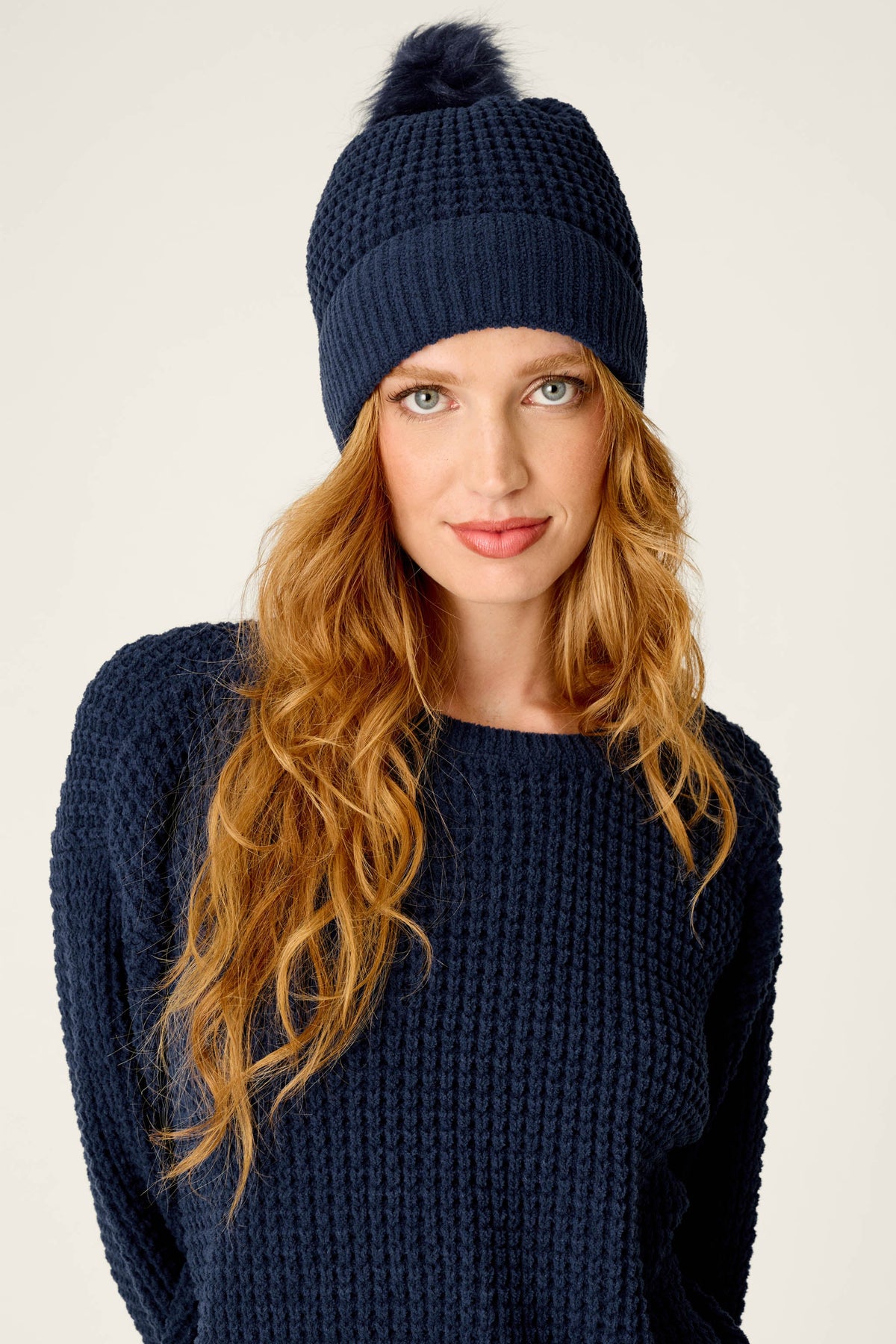 Cozy Chenille Waffle Deep Navy Pompom Beanie - DEEP NAVY