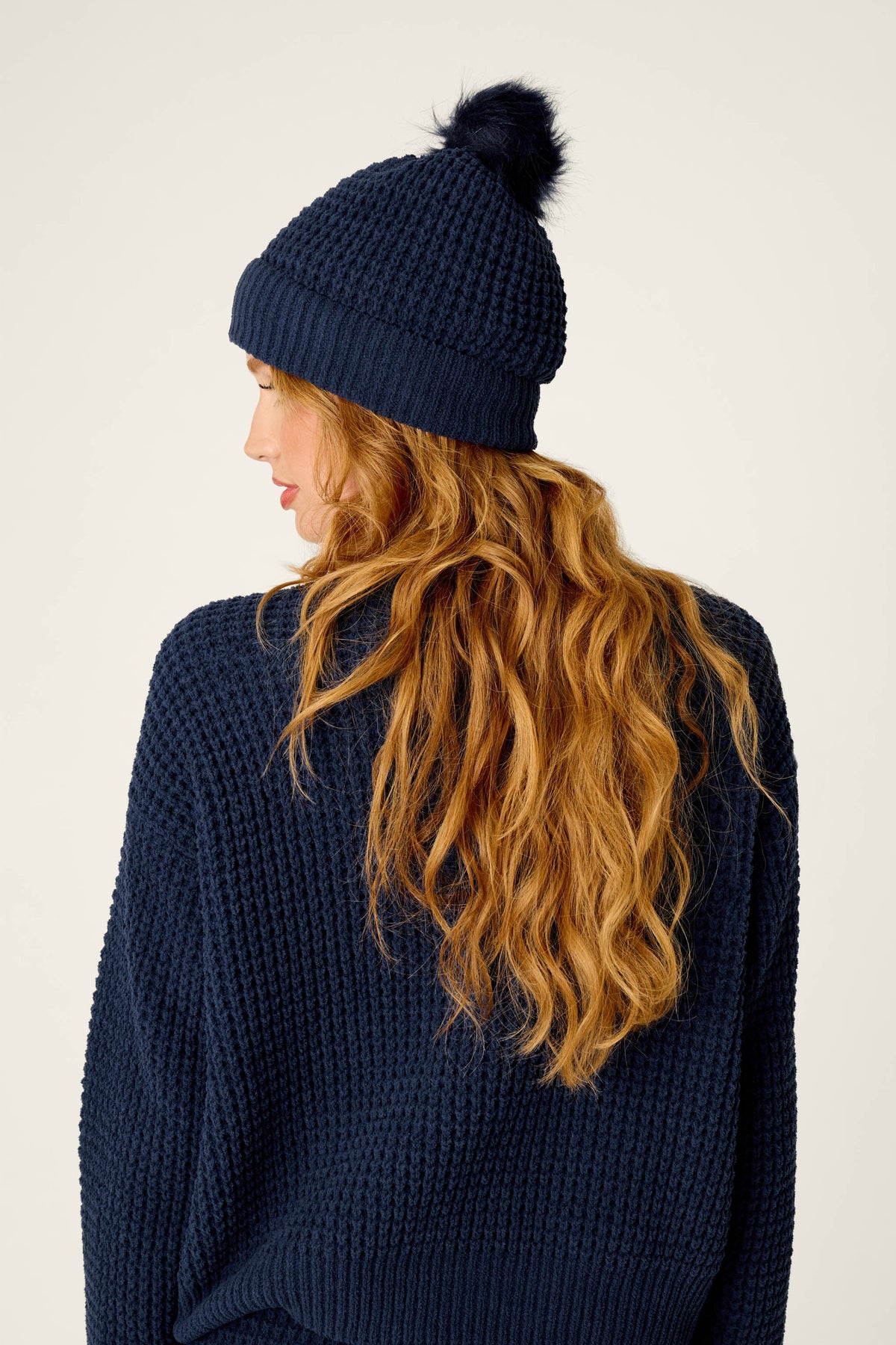 Cozy Chenille Waffle Deep Navy Pompom Beanie - DEEP NAVY