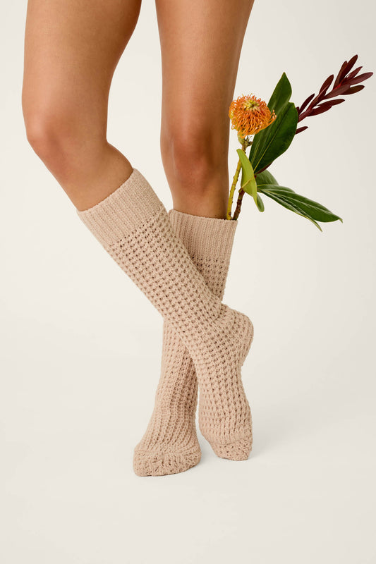 Cozy Chenille Waffle Smoky Beige Mid-Calf Socks - SMOKE GRAY