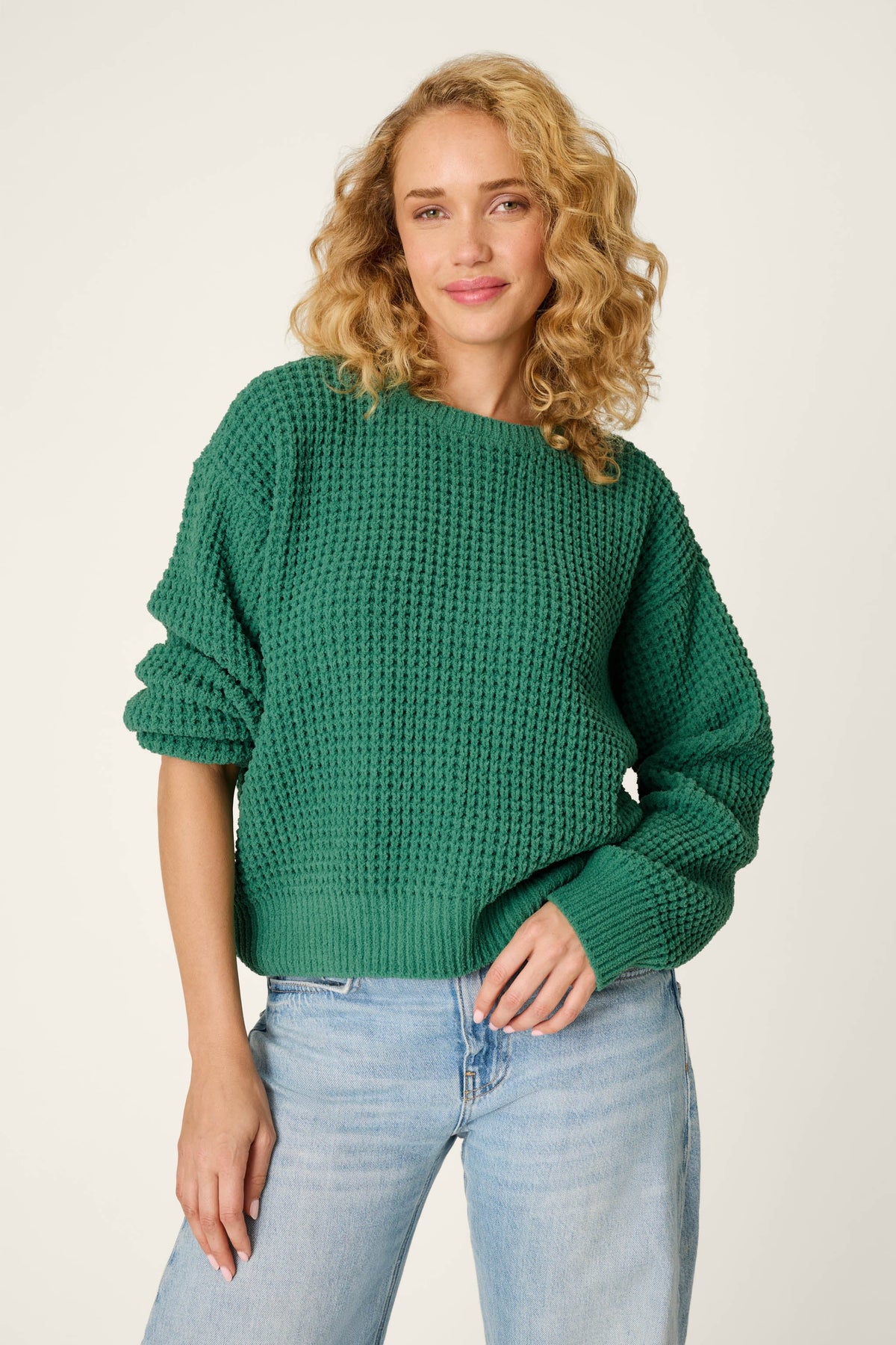 Cozy Chenille Waffle Green Sweater - BLUE GREEN