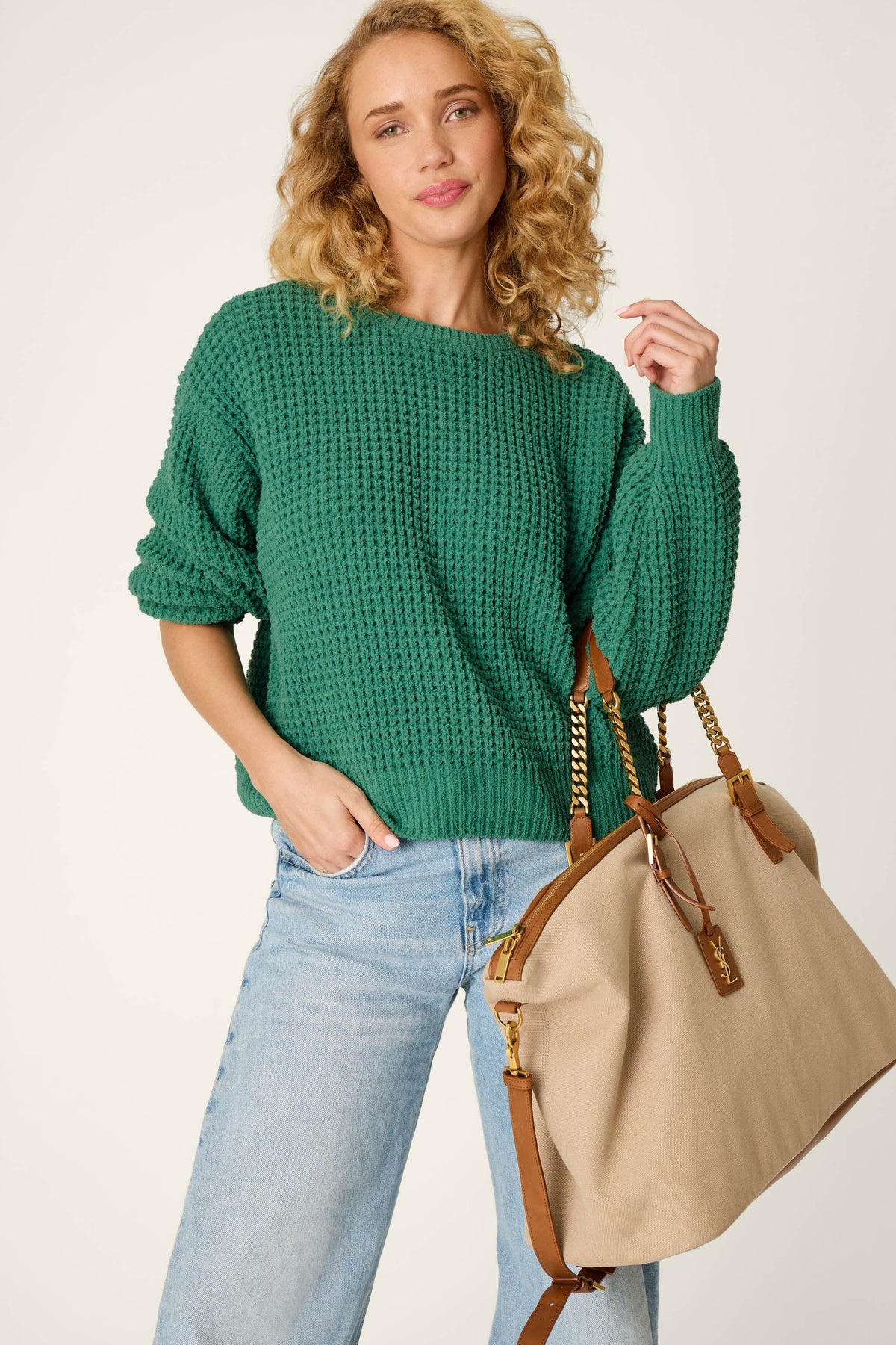 Cozy Chenille Waffle Green Sweater - BLUE GREEN