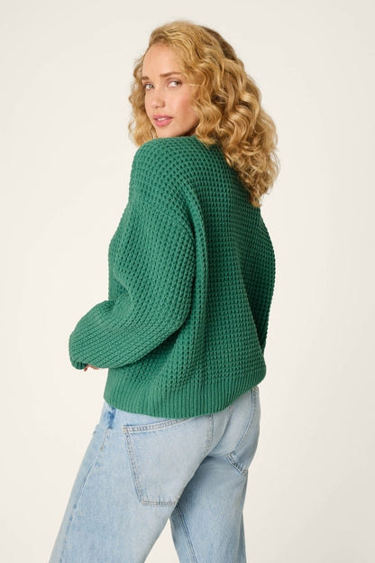 Cozy Chenille Waffle Green Sweater - BLUE GREEN