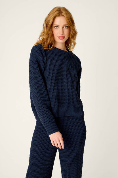 Cozy Chenille Waffle Deep Navy Sweater - DEEP NAVY