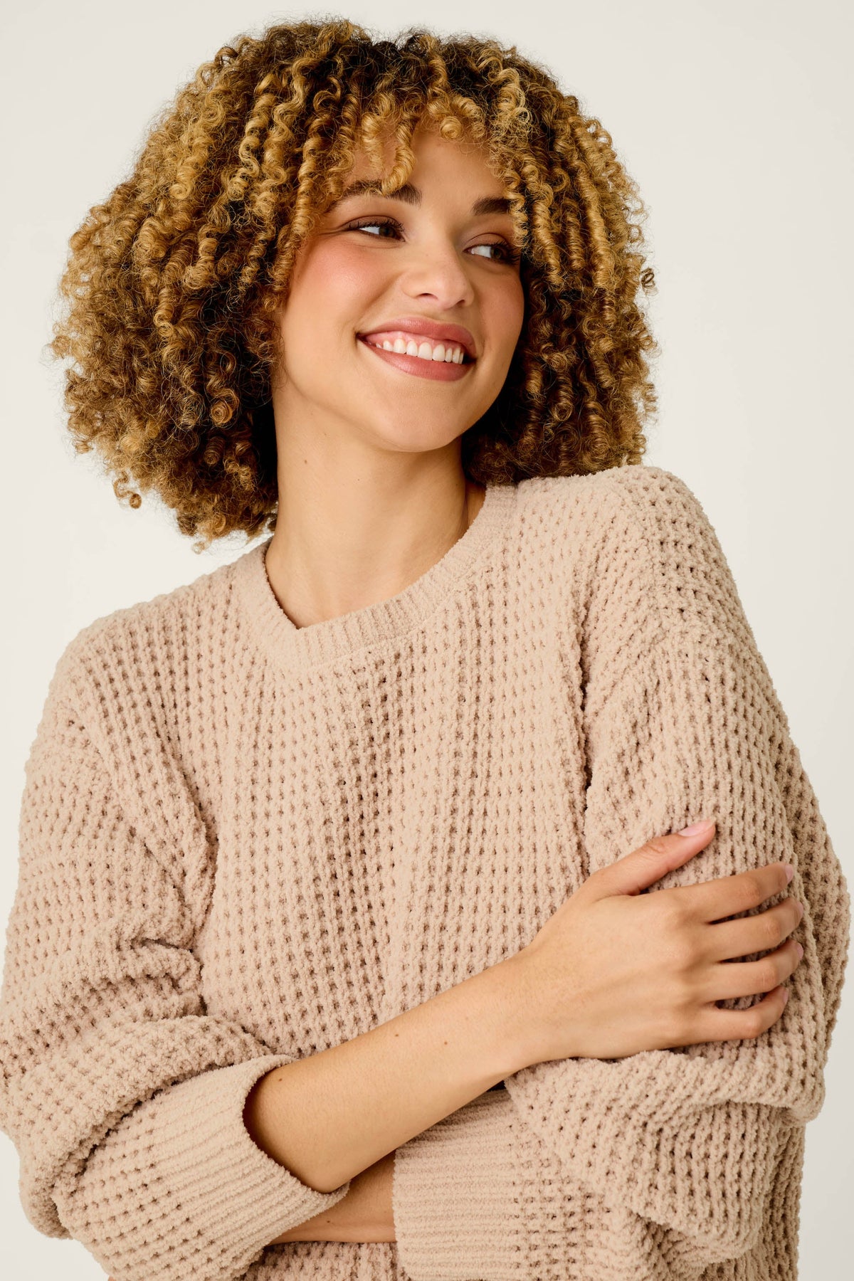Cozy Chenille Waffle Smoky Beige Sweater - SMOKE GRAY