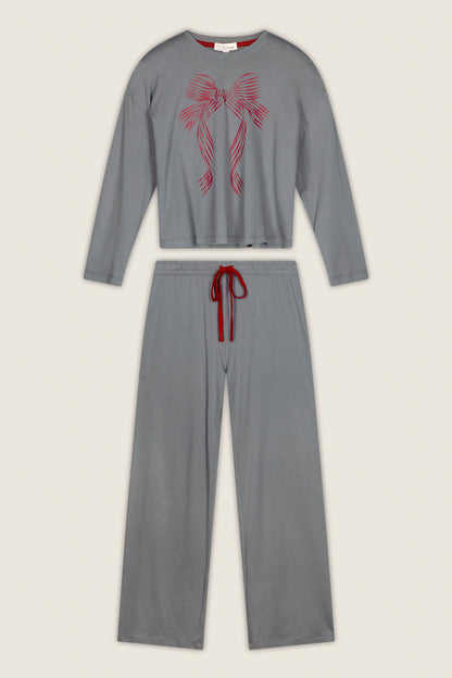 Bow Graphic Long Sleeve Pajama Set - NIGHT OWL