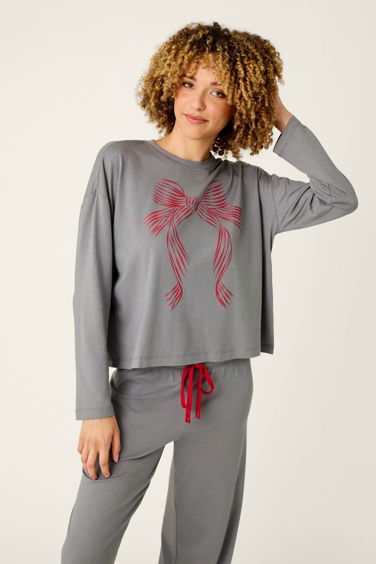 Bow Graphic Long Sleeve Pajama Set - NIGHT OWL