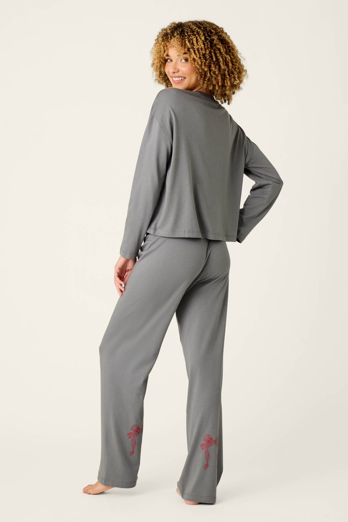 Bow Graphic Long Sleeve Pajama Set - NIGHT OWL