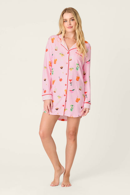 First Chair, Last Call Cocktail Print Long Sleeve Nightshirt - TENDER PINK