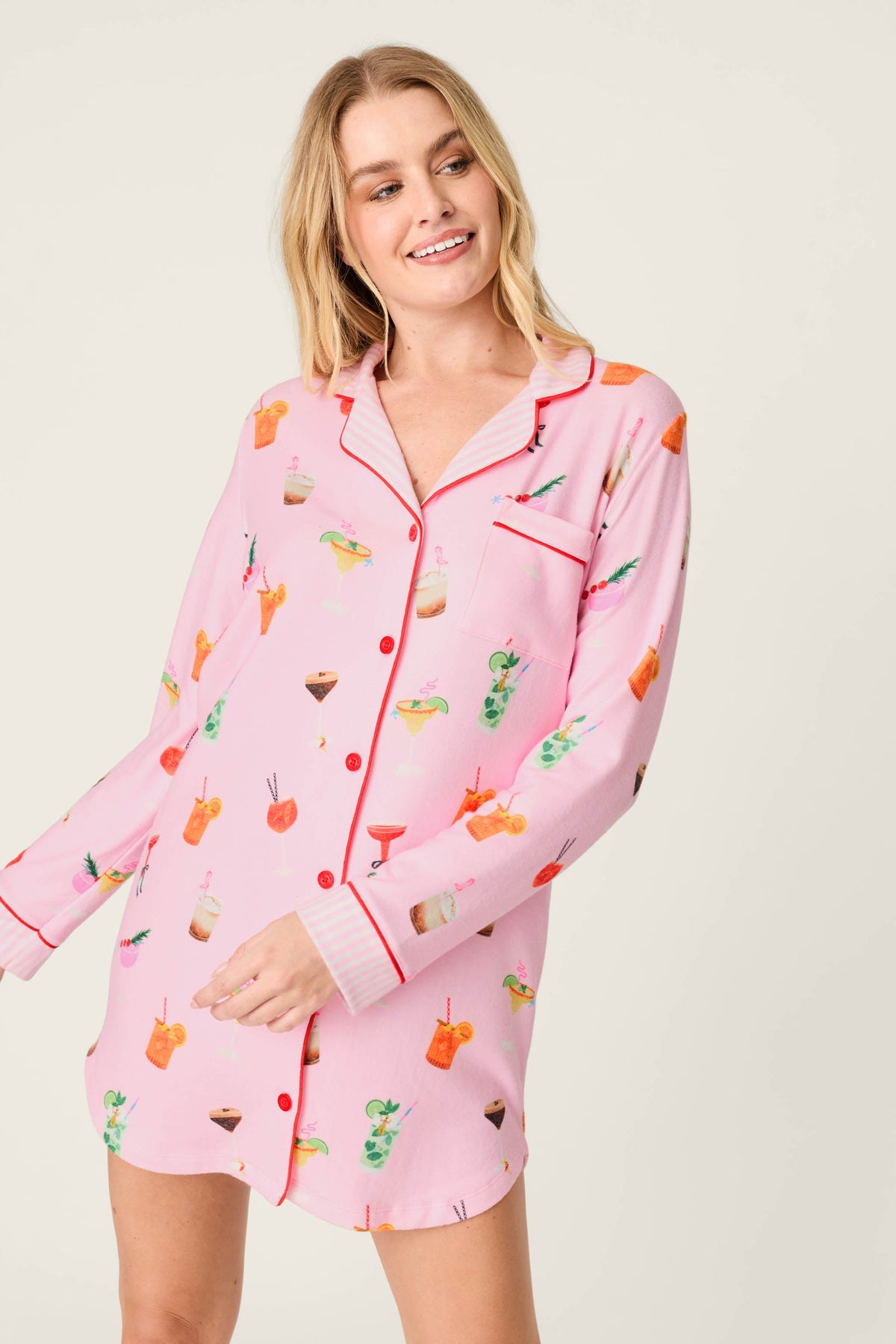 First Chair, Last Call Cocktail Print Long Sleeve Nightshirt - TENDER PINK
