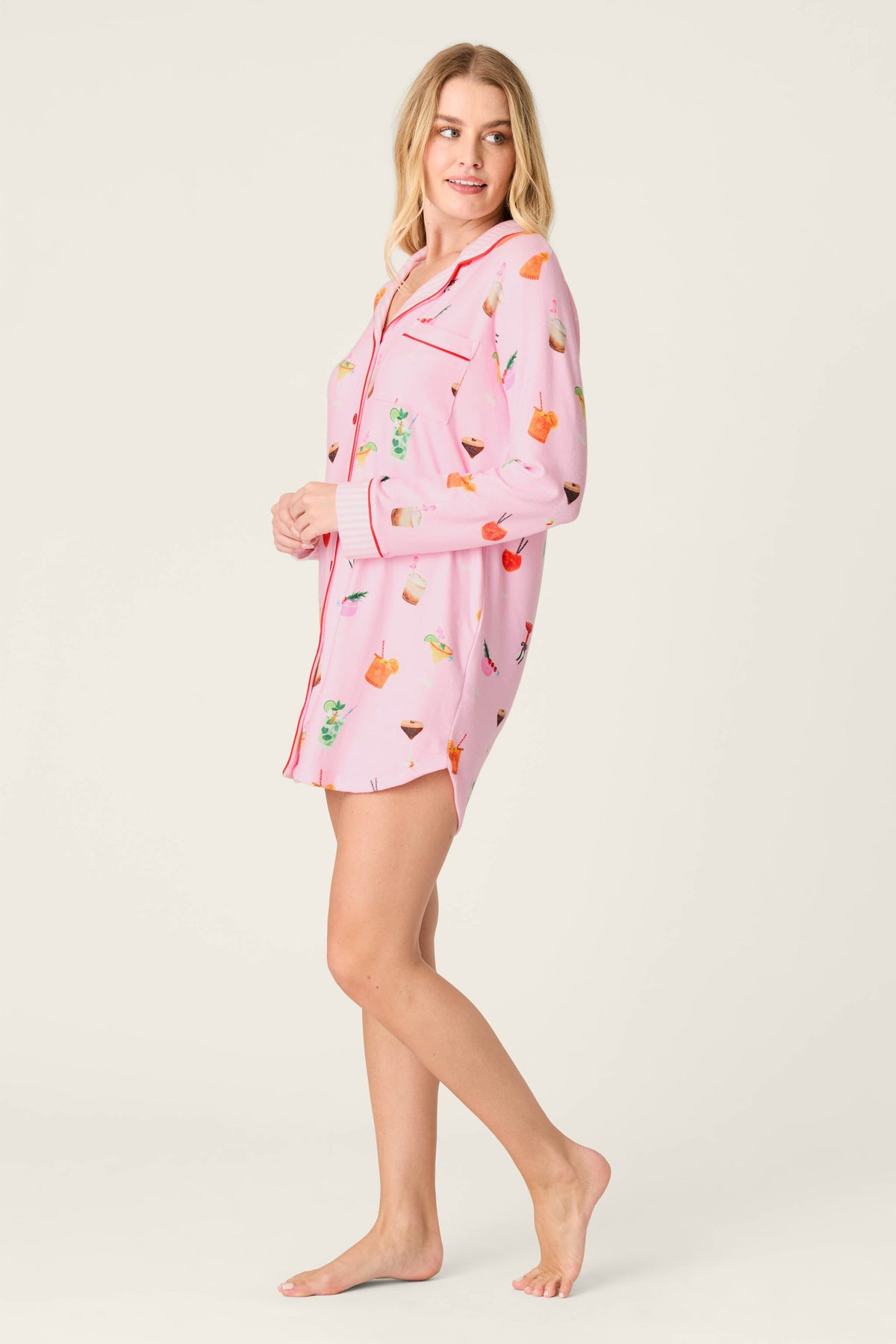 First Chair, Last Call Cocktail Print Long Sleeve Nightshirt - TENDER PINK