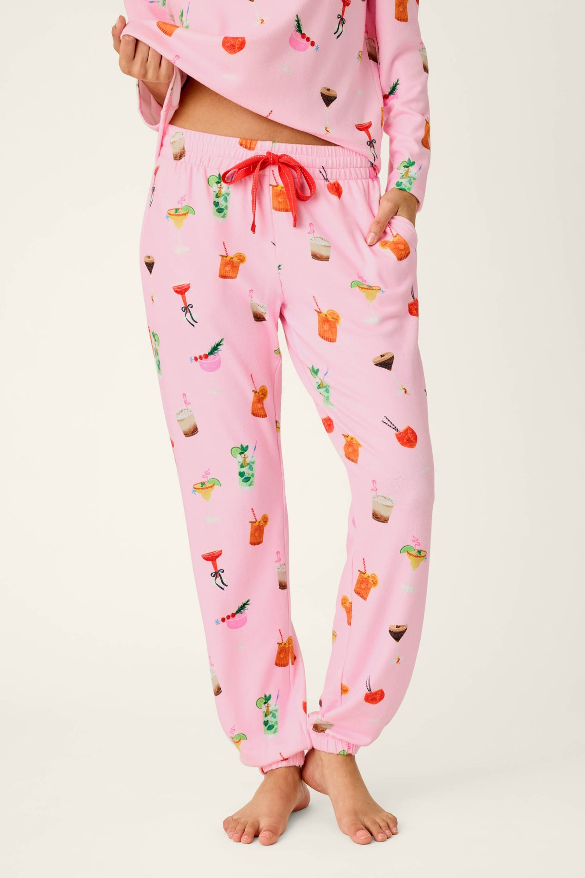 First Chair, Last Call Cocktail Print Jogger Pajama Pants - TENDER PINK