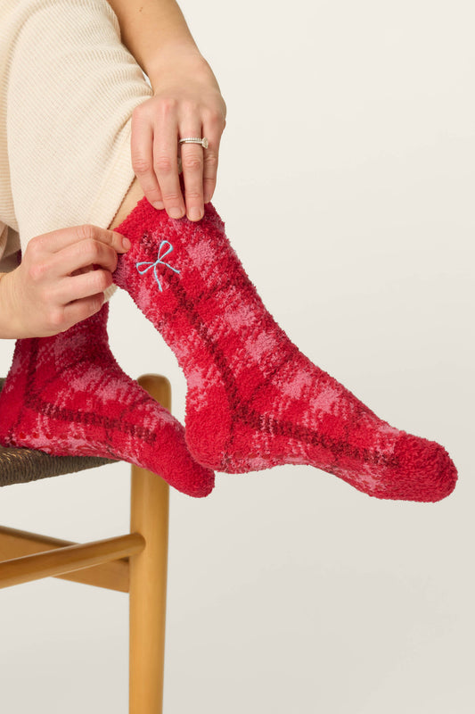 Red Plaid with Embroidered Bow Socks - LIPSTICK