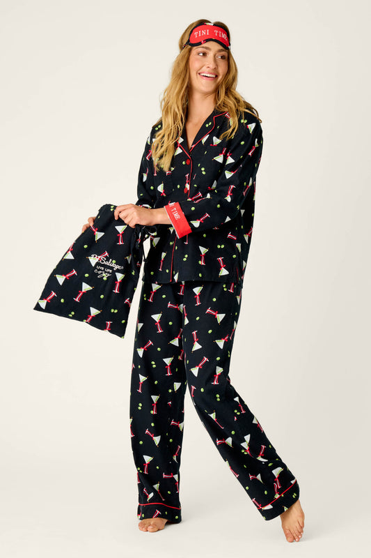 Christmas Cocktails Martini Print 4-Piece PJ Set - BLACK