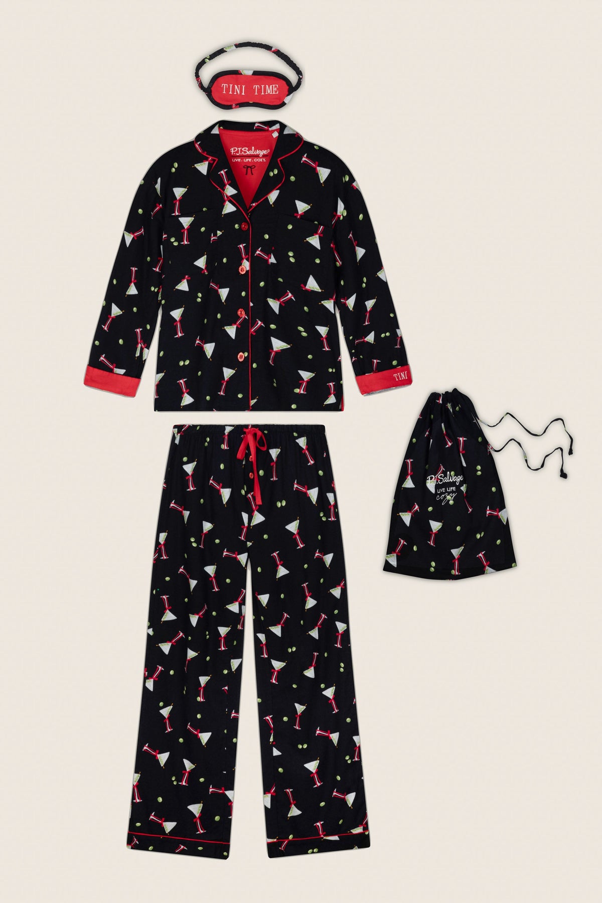 Christmas Cocktails Martini Print 4-Piece PJ Set - BLACK