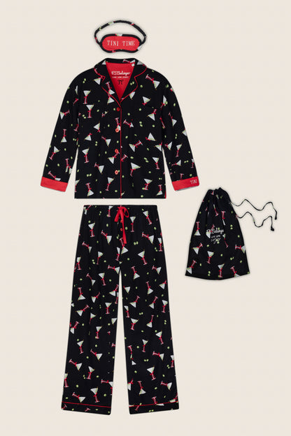 Christmas Cocktails Martini Print 4-Piece PJ Set - BLACK