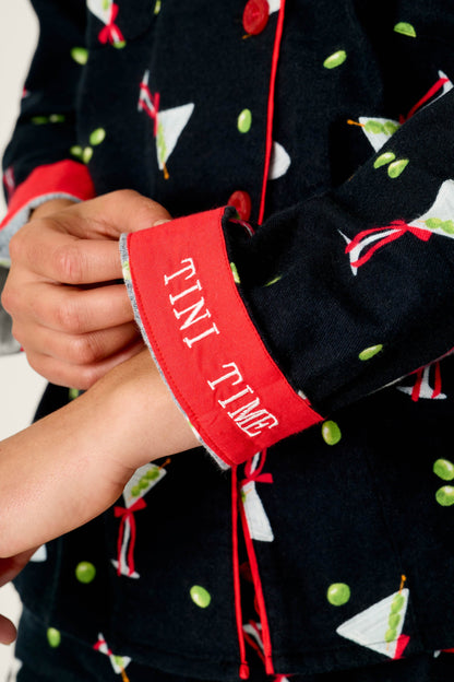 Christmas Cocktails Martini Print 4-Piece PJ Set - BLACK