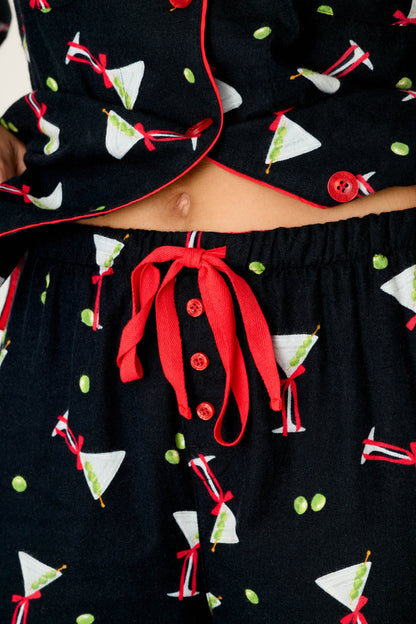 Christmas Cocktails Martini Print 4-Piece PJ Set - BLACK