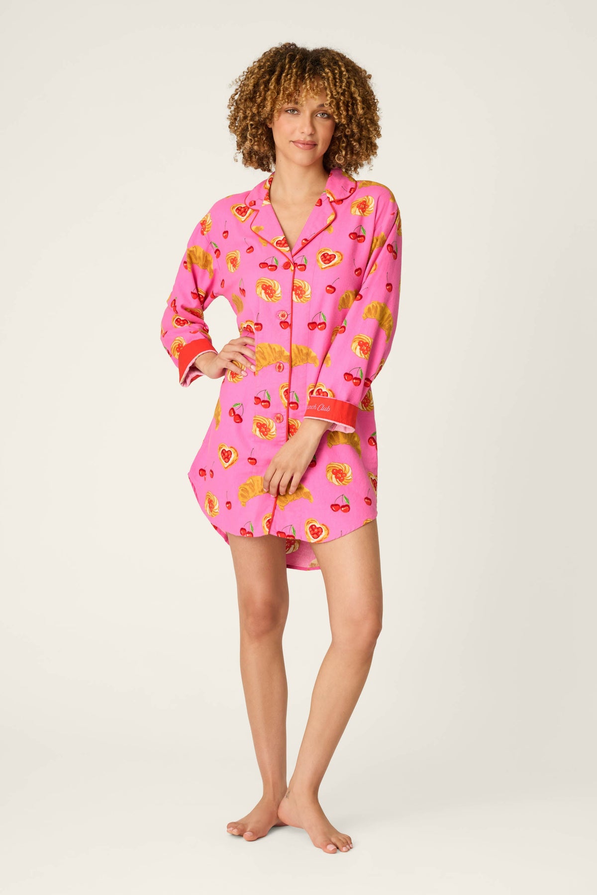 Sweet Cherry Tart Print Flannel Nightshirt - PINK ROSE