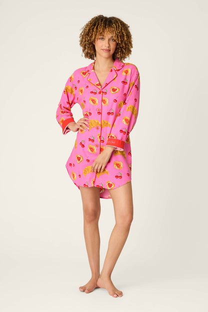 Sweet Cherry Tart Print Flannel Nightshirt - PINK ROSE