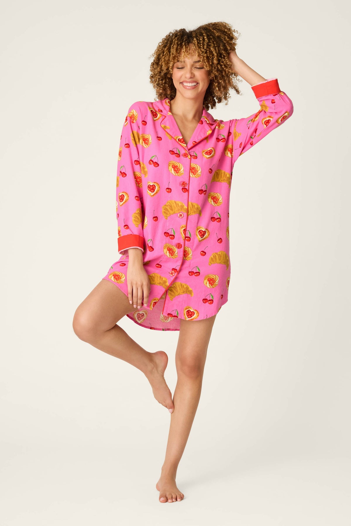 Sweet Cherry Tart Print Flannel Nightshirt - PINK ROSE