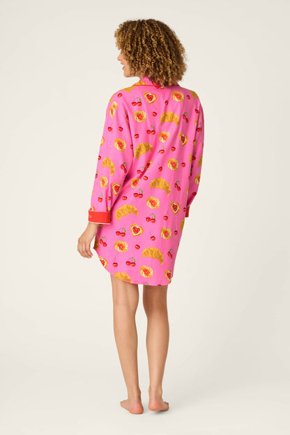 Sweet Cherry Tart Print Flannel Nightshirt - PINK ROSE