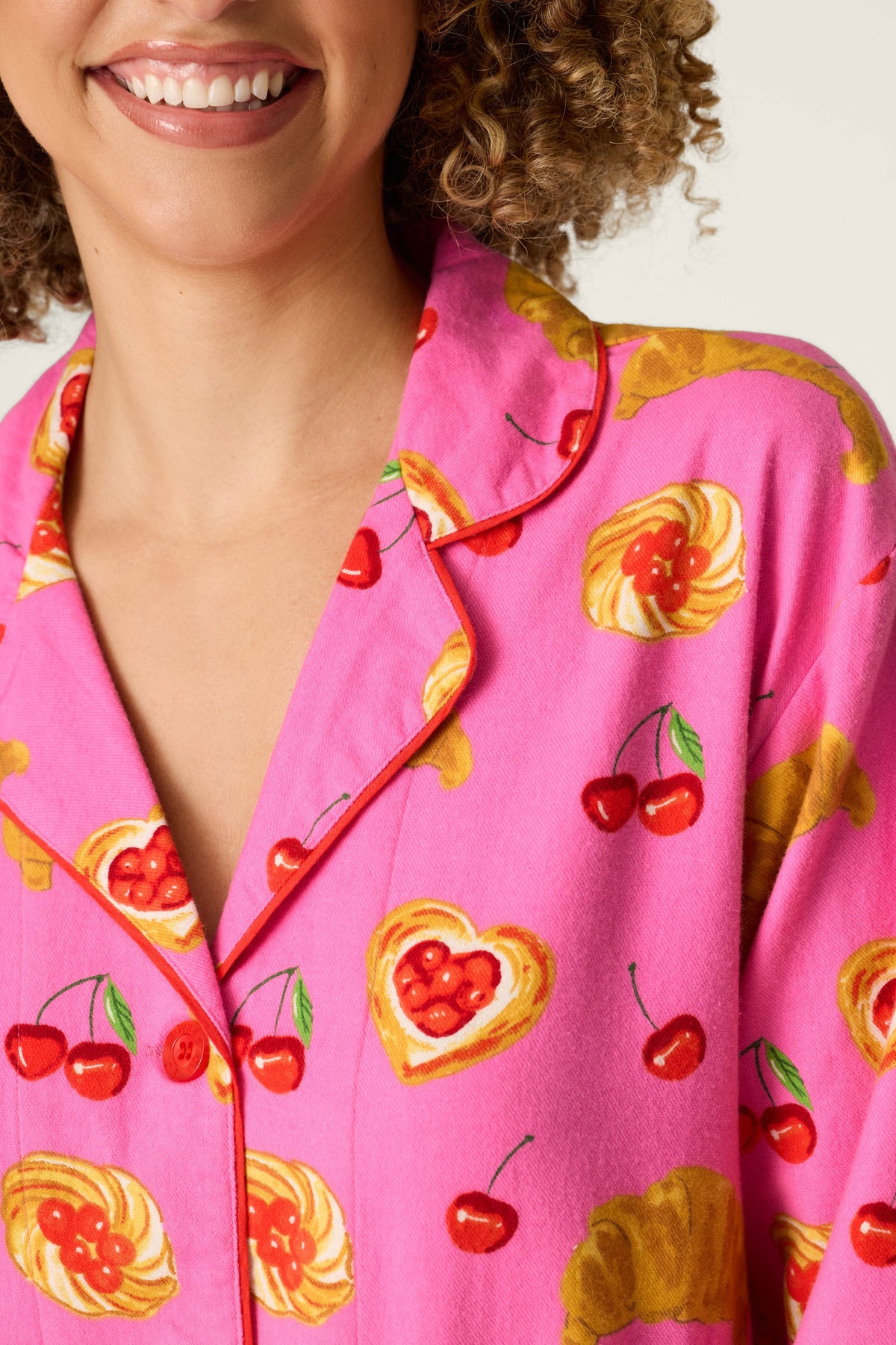 Sweet Cherry Tart Print Flannel Nightshirt - PINK ROSE