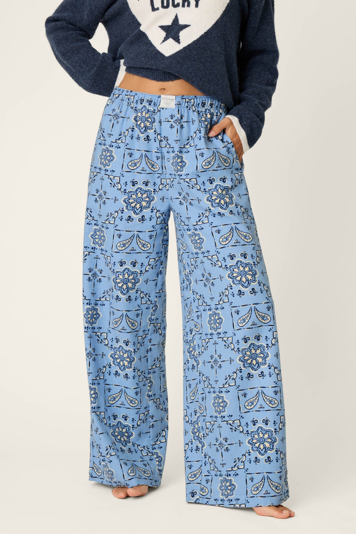 Classic Paisley Bandana Print Flannel Pajama Pants - SOFT CHAMBRAY