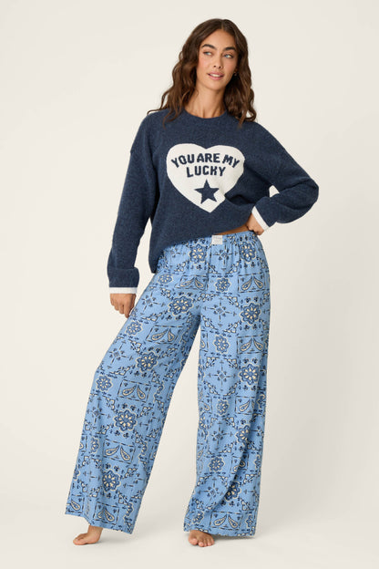 Classic Paisley Bandana Print Flannel Pajama Pants - SOFT CHAMBRAY
